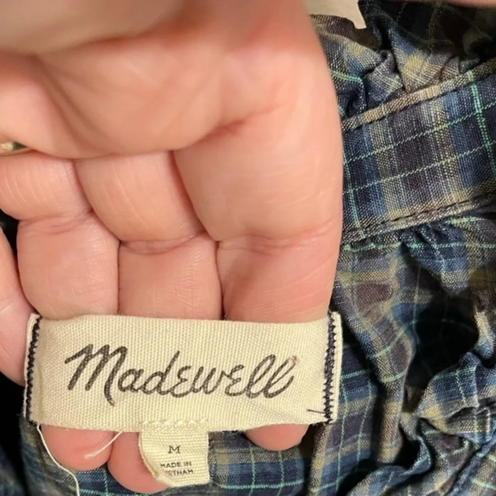 MADEWELL Teal‎ Blue Plaid Ruffle-Neck Popover Blouse Size Medium